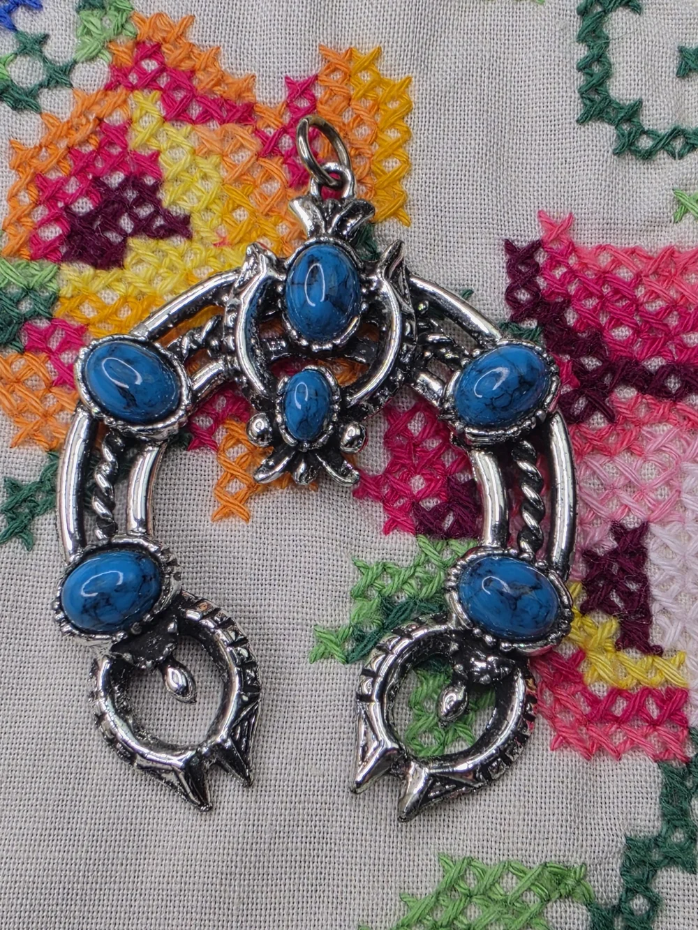 Vintage Western Squash Blossom Silver-Tone Turquoise Lucite Pendant